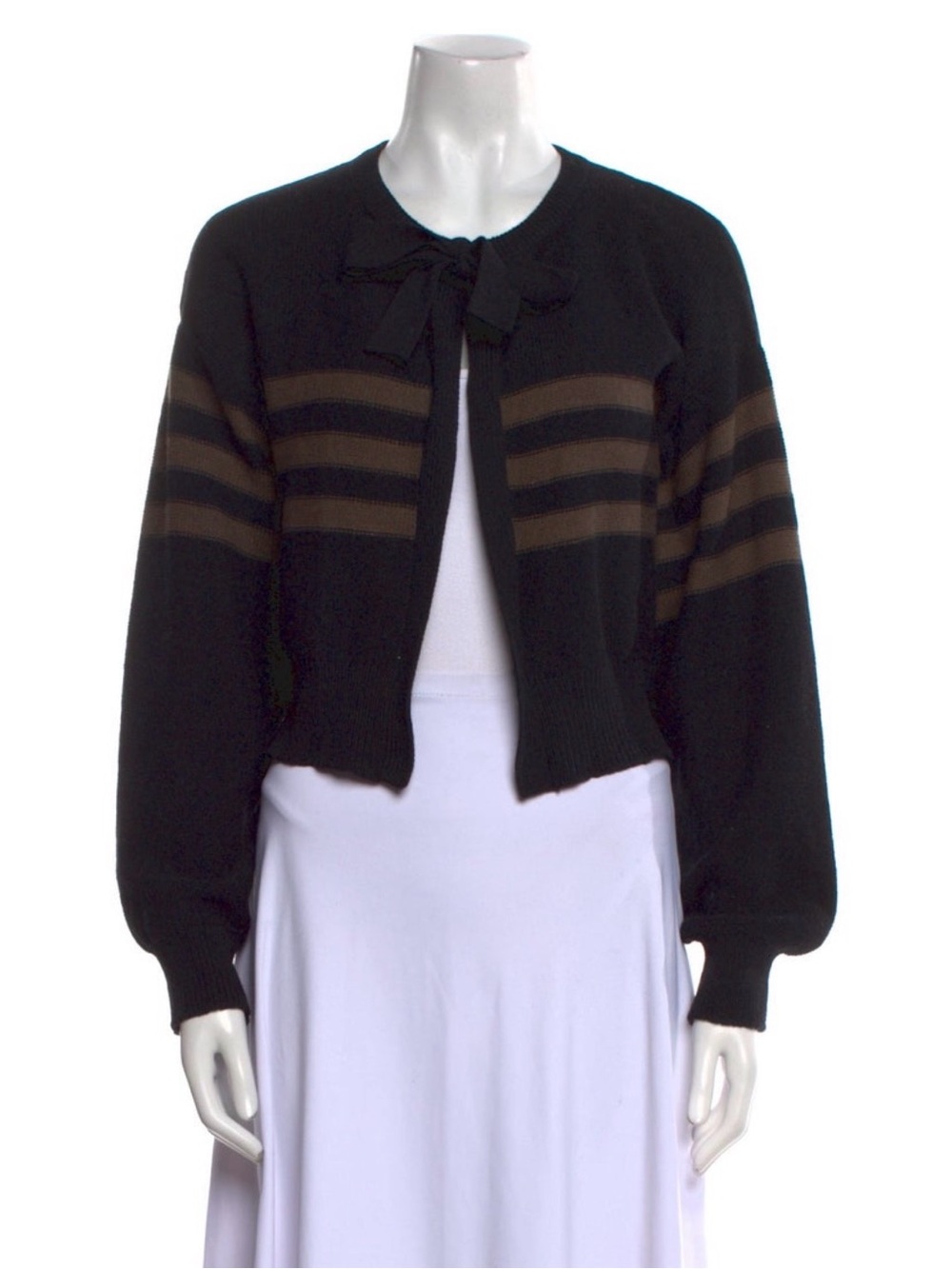 Sonia Rykiel Black Knit Tie-Neck Cardigan with Brown Stripes